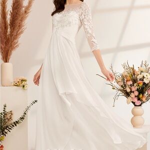 JJs House White Bridal Gown with 3/4 Sleeves and Scoop Neck